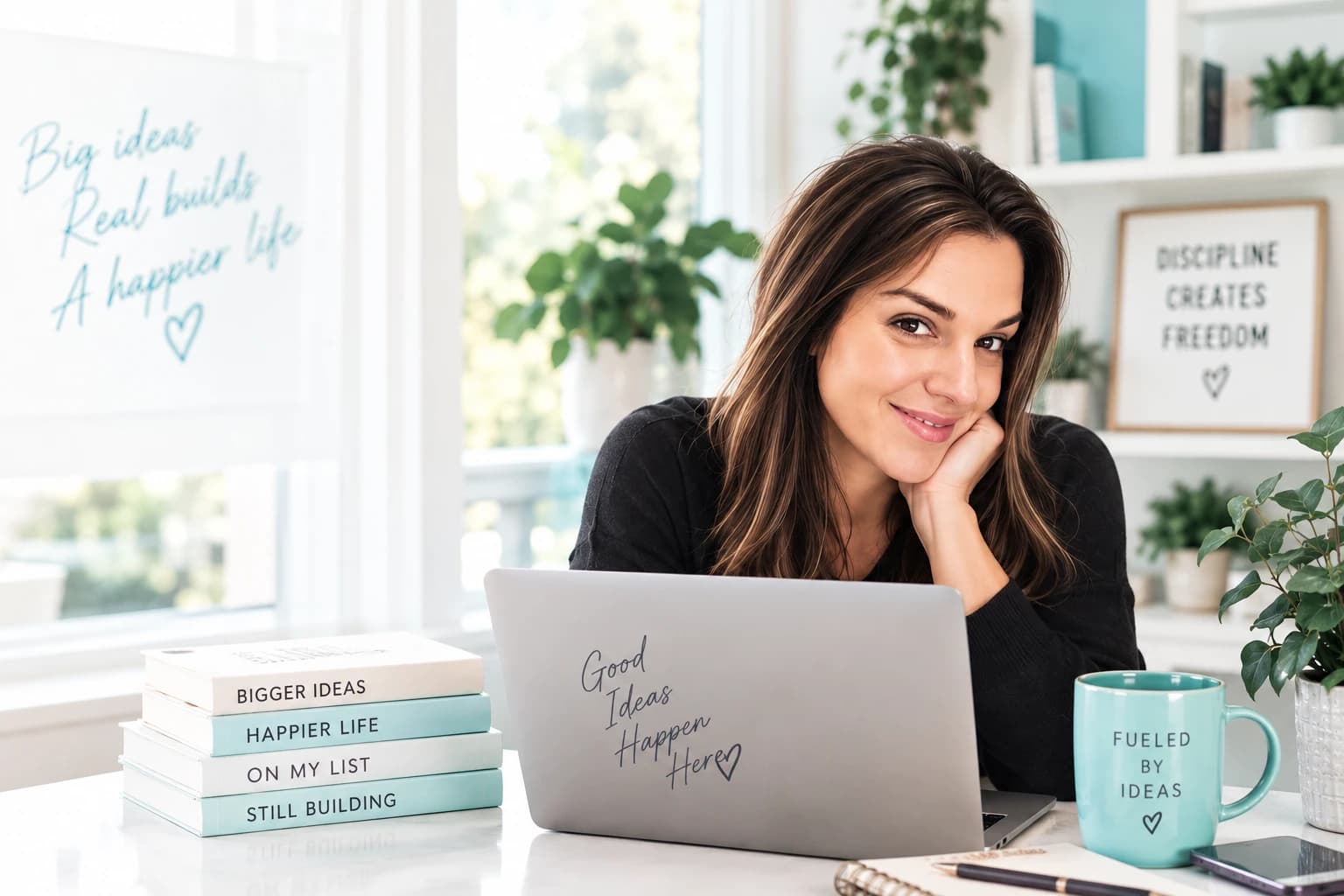 Natalie Zingg at a laptop in a bright home office, resting her chin on her hand and smiling. Behind her, a hand-lettered sign reads “Big ideas, real builds, a happier life”, beside plants, a stack of books and a framed print that reads “Discipline creates freedom”.